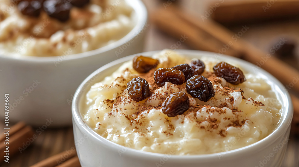 A creamy rice pudding topped with cinnamon and raisins, served warm. A creamy rice pudding topped with cinnamon and raisins, served warm.