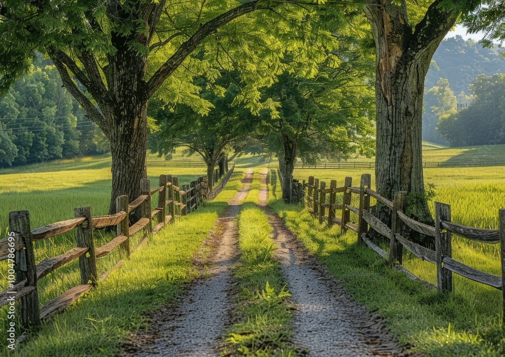 Tranquil Country Drive, towering trees, rustic countryside
Tranquil Country Drive, towering trees, rustic countryside