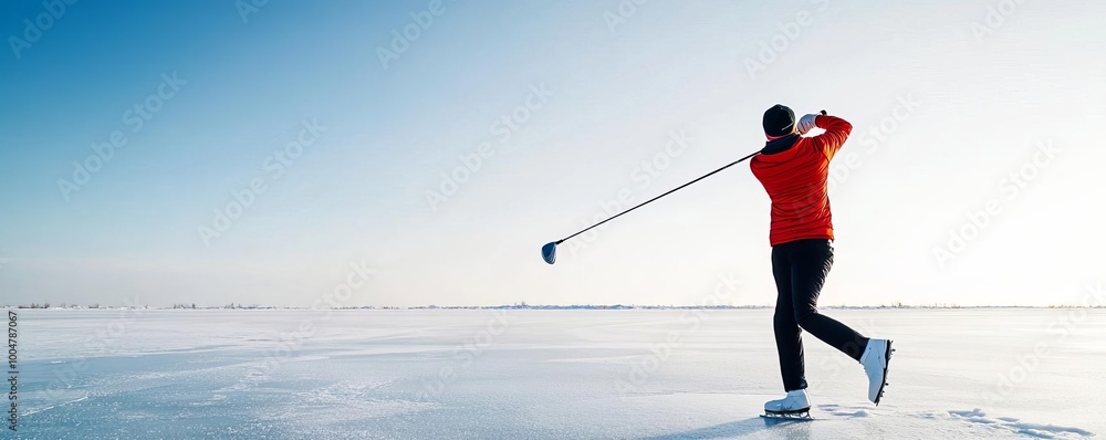 Golfer taking a practice swing on a frozen course, precision in icy conditions Golfer taking a practice swing on a frozen course, precision in icy conditions