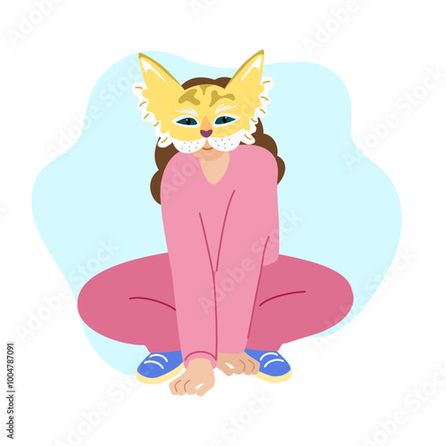 Furry teen sitting. Therian girl in cat mask. Quadrobics fandom subculture. Teenager in animal costume, tail, furry mask. Therianthropy, disguise.