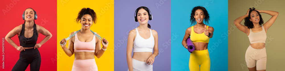 Five women in vibrant activewear showcase various workout poses against bright backgrounds. They're smiling and exuding energy, promoting fitness and wellness. Five women in vibrant activewear showcase various workout poses against bright backgrounds. They're smiling and exuding energy, promoting fitness and wellness.