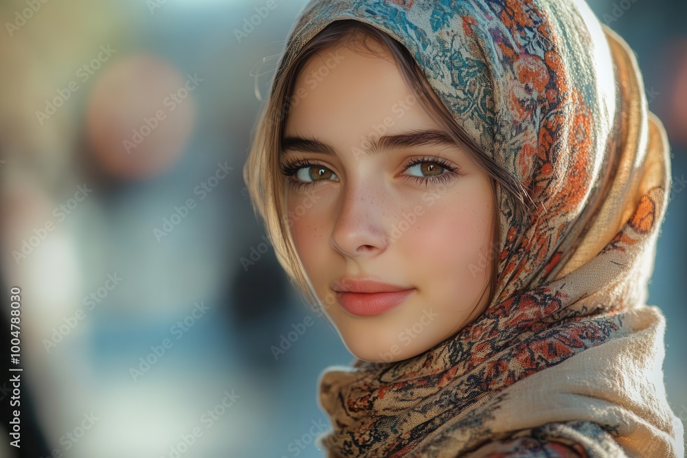 confident teenage girl wearing a stylish headscarf walking through a sunny city street radiating selfassurance and positivity with bright urban colors enhancing the scene confident teenage girl wearing a stylish headscarf walking through a sunny city street radiating selfassurance and positivity with bright urban colors enhancing the scene
