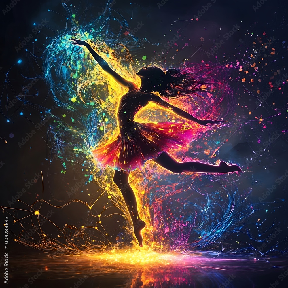 Colorful effects enhancing the vibrant silhouette of a dancing woman in neon Colorful effects enhancing the vibrant silhouette of a dancing woman in neon