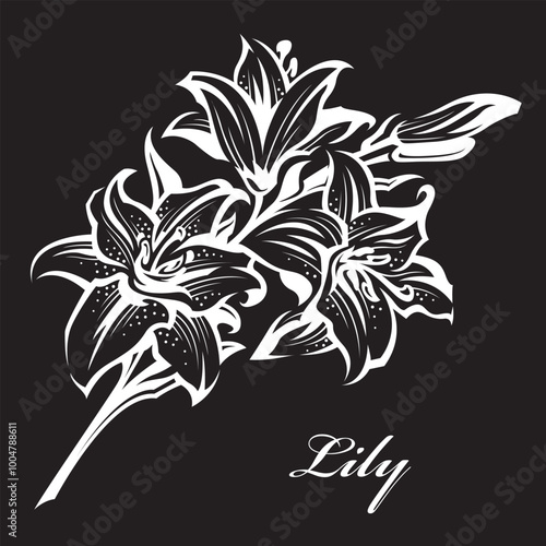 emblem of lily bud for flower shop isolated on black background