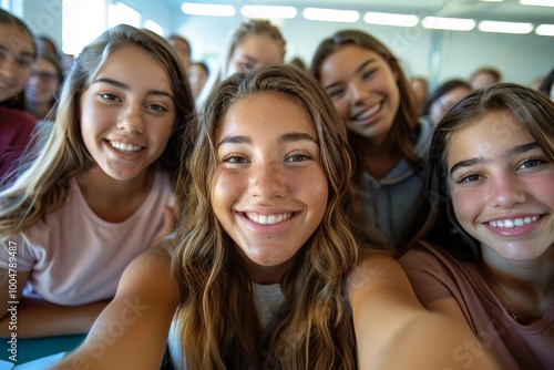 Indian Female Student Beaming with Confidence Surrounded by College Friends in Classroom