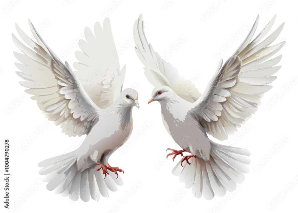 Fototapeta premium Two white doves flying together, perfect for wedding and love-themed designs