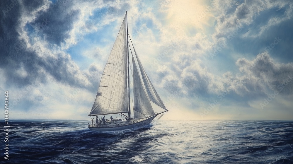 Obraz premium Sailboat gliding through calm waters under a dramatic sky with clouds during a serene afternoon at sea