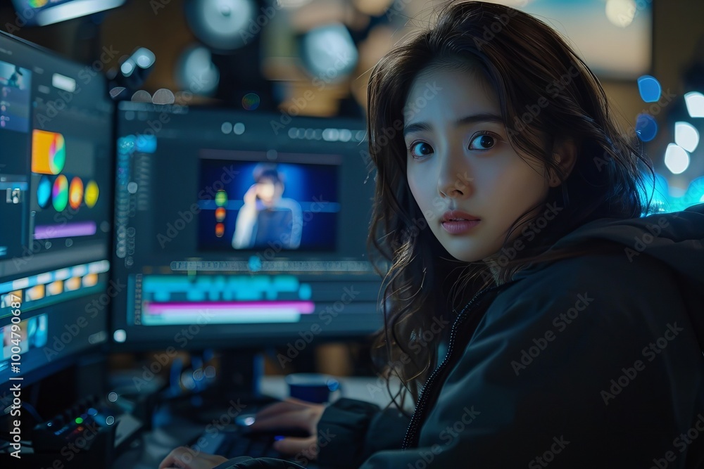 The Creative Journey of a Young Asian Woman: Crafting a Video on a Computer The Creative Journey of a Young Asian Woman: Crafting a Video on a Computer