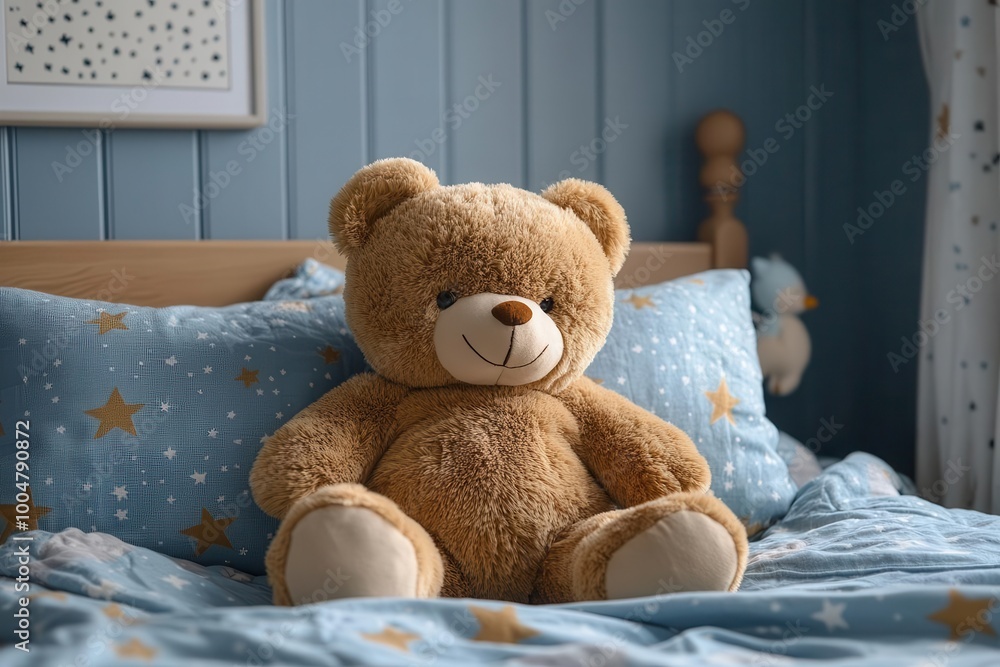 cozy teddy bear nestled in a childs bed adorned with starry bedding creating a warm and comforting nursery atmosphere with soft plush toys and calming blue walls perfect for childrens decor cozy teddy bear nestled in a childs bed adorned with starry bedding creating a warm and comforting nursery atmosphere with soft plush toys and calming blue walls perfect for childrens decor