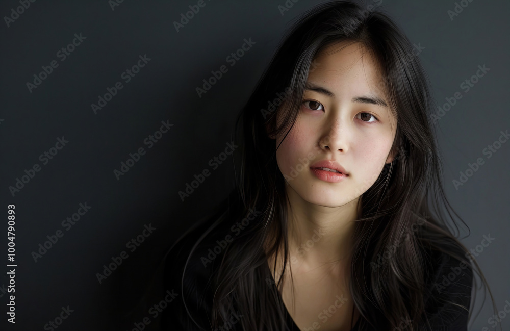 Fototapeta premium Young Asian Woman Posing at an Empty Marble Table with a Black Wall Background