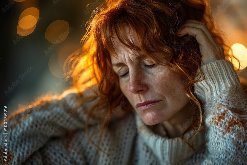 Woman Experiencing a Headache and Reflecting at Home Woman Experiencing a Headache and Reflecting at Home