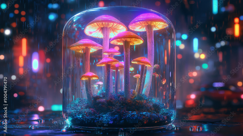 glowing mushrooms in a glass container glowing mushrooms in a glass container