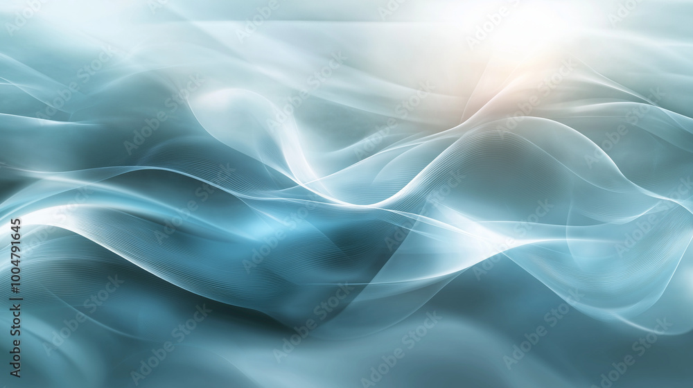 Obraz premium Soft and fluid waves of light in cool blue tones with hints of white, creating a calming and ethereal atmosphere, ideal for abstract or minimalist designs.