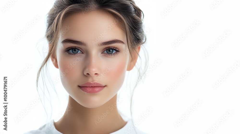 a woman with a white shirt and a ponytail is posing for a picture with a white background a woman with a white shirt and a ponytail is posing for a picture with a white background