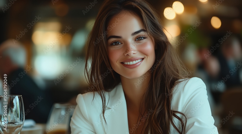 A woman is smiling and sitting at a table with a glass of wine. She is wearing a white jacket and has long brown hair A woman is smiling and sitting at a table with a glass of wine. She is wearing a white jacket and has long brown hair