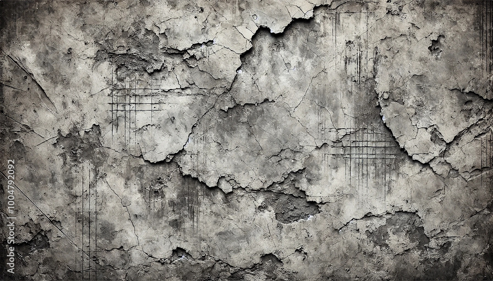 Obraz premium Weathered Concrete Surface with Deep Cracks and Faded Traces of Paint or Plaster. Rugged Industrial Texture in Gray Tones for Background Use. AI-generated