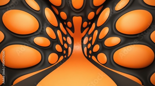 A black and orange abstract design with a tunnel in the middle, AI