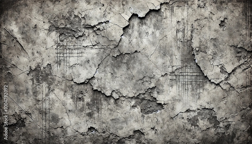 Weathered Concrete Surface with Deep Cracks and Faded Traces of Paint or Plaster. Rugged Industrial Texture in Gray Tones for Background Use. AI-generated photo