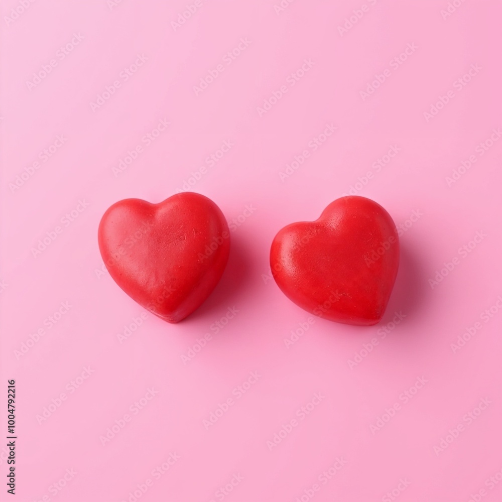 Two red heart-shaped candies on a pink background representing love and sweetness Two red heart-shaped candies on a pink background representing love and sweetness