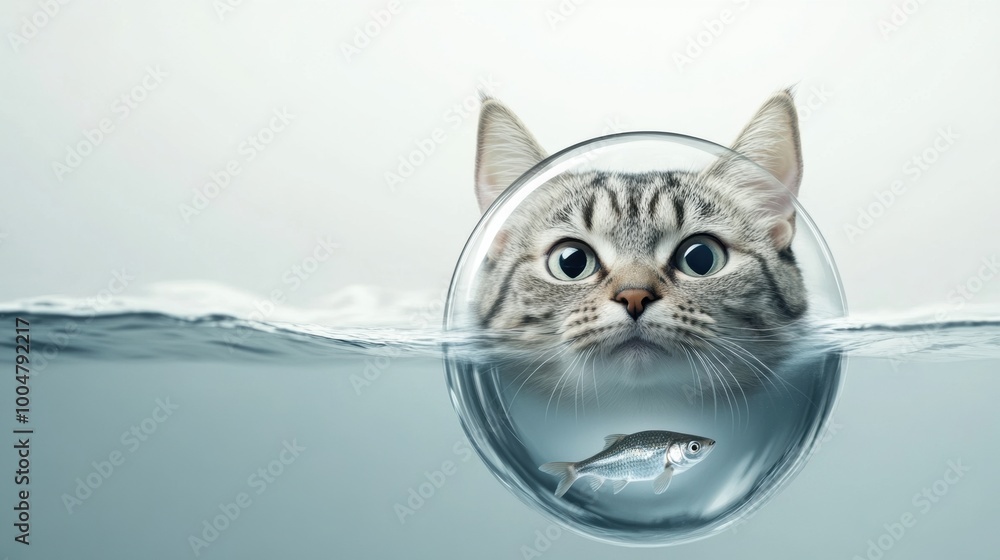 Fototapeta premium A cat looking out of a fish's eye through water, AI