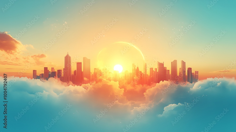 A city skyline is seen through a cloudy sky with a bright sun in the background A city skyline is seen through a cloudy sky with a bright sun in the background