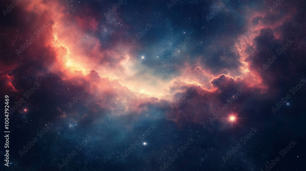 Obraz premium Cosmic nebula with glowing clouds of pink, purple, and blue against a dark starry background, evoking a sense of wonder and mystery, perfect for space-themed designs.