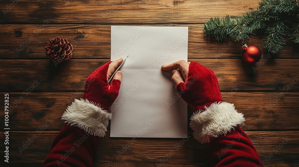 Obraz premium Le mani di Babbo Natale mostrano una pergamena vuota, dove si possono inserire le richieste per i doni. 