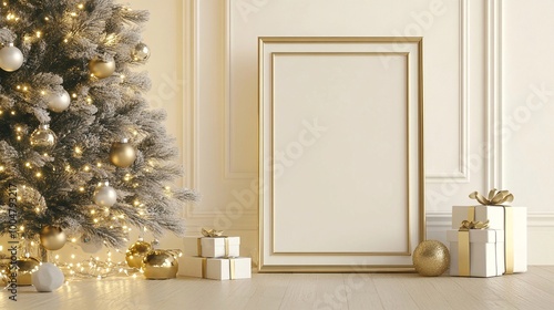 Cornice dorata con sfondo bianco con vicino un albero di Natale e pacchi regalo. Spazio per inserire auguri personalizzati.
