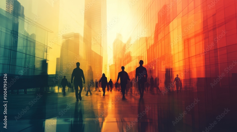 An abstract background featuring silhouettes of workers walking in front of modern buildings, creating a dynamic atmosphere, soft gradient colors, ideal for themes of trading An abstract background featuring silhouettes of workers walking in front of modern buildings, creating a dynamic atmosphere, soft gradient colors, ideal for themes of trading