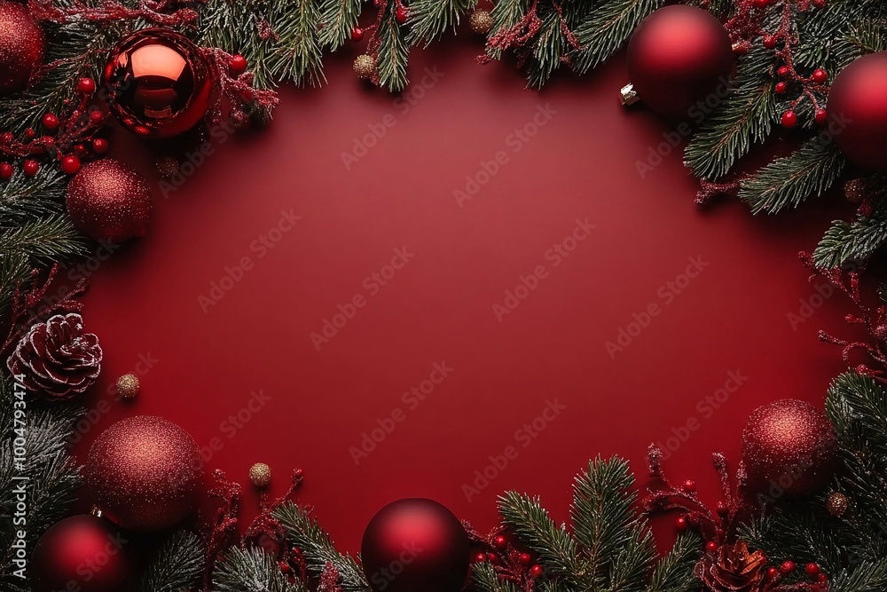 Corona di rametti d'abete con palline di Natale su sfondo rosso. Spazio per inserire auguri personalizzati. Corona di rametti d'abete con palline di Natale su sfondo rosso. Spazio per inserire auguri personalizzati.