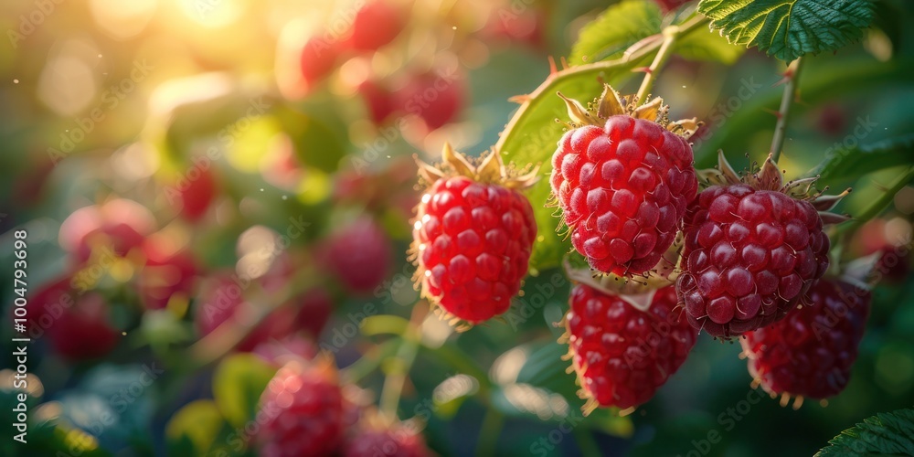 Close-Up of Ripe Raspberries on Bush. Vibrant Red Fruits Surrounded by Lush Green Leaves, Showcasing Freshness and Organic Beauty in a Healthy Garden Close-Up of Ripe Raspberries on Bush. Vibrant Red Fruits Surrounded by Lush Green Leaves, Showcasing Freshness and Organic Beauty in a Healthy Garden