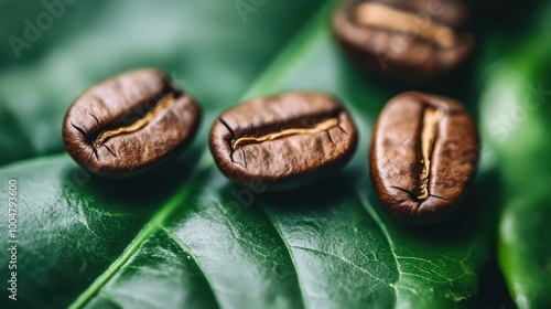 A close-up of coffee beans on a green leaf in a farm setting, showcasing the rich texture, soft natural light,  ideal for themes of agriculture, cultivation, and the service industry. photo