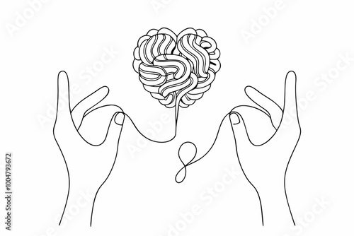 Continuous one line drawing of human hands knitting brain. Mental health and psychotherapy concept in simple linear style photo