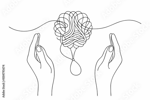 Continuous one line drawing of human hands knitting brain. Mental health and psychotherapy concept in simple linear style photo