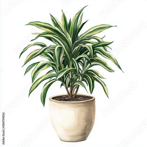 Dracaena plant with variegated leaves in a cream pot illustration