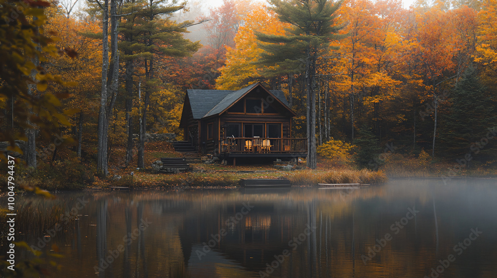 Fototapeta premium A couple on a weekend getaway in a cabin by the lake. 