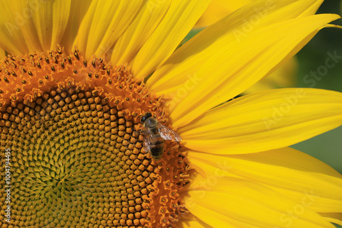 close up of a bee pollinating a vibrant yellow sunflower in full bloom 