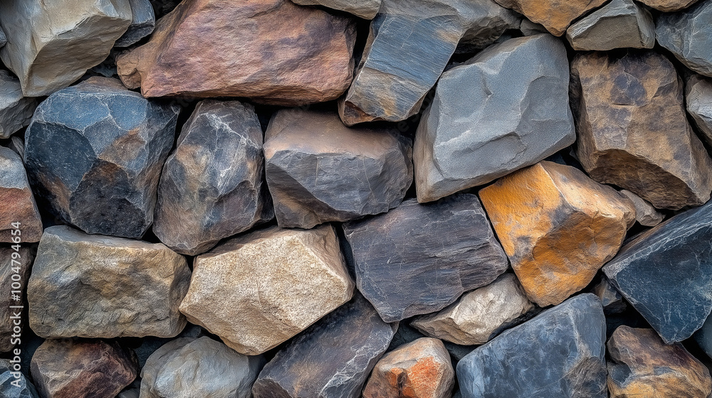 Close-up view of a natural stone wall made of irregularly shaped rocks in various shades of brown, gray, and orange, creating a rugged and earthy texture, ideal for rustic architecture, landscaping, o Close-up view of a natural stone wall made of irregularly shaped rocks in various shades of brown, gray, and orange, creating a rugged and earthy texture, ideal for rustic architecture, landscaping, o