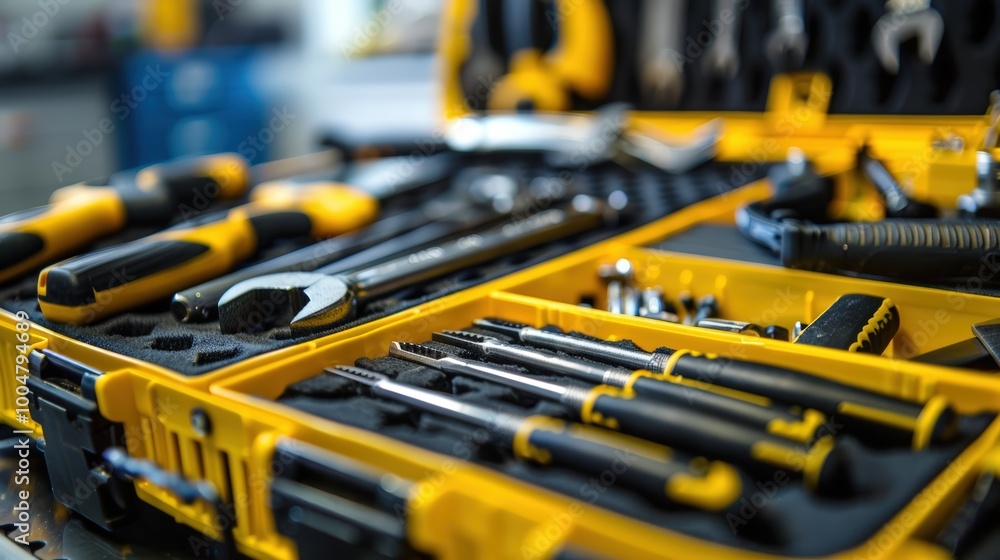Set of Yellow and Black Hand Tools in Open Tool Case on Table Set of Yellow and Black Hand Tools in Open Tool Case on Table