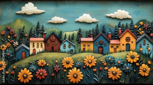 Traditional Folk Art Hand-Painted Colorful Village Scene on Wood. Cultural Charm and Vibrant Aesthetics