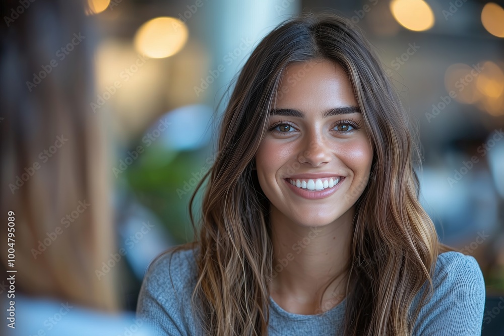 Obraz premium A young woman with long, brown hair smiles brightly while sitting at a table in a cafe