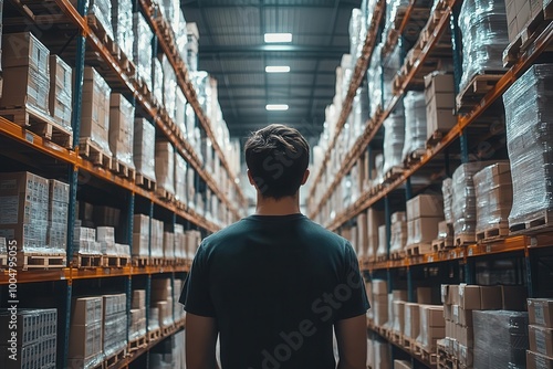 dedicated warehouse employee meticulously checking products on shelves illuminated by bright overhead lights showcasing a bustling environment of logistics and management efficiency