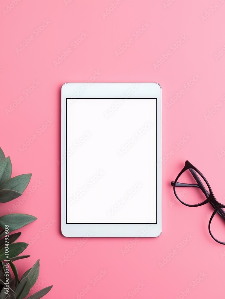 Flat design of clean workspace with tablet showing e-learning materials, normal angle shot Flat design of clean workspace with tablet showing e-learning materials, normal angle shot