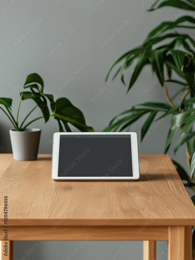 Fototapeta premium Clean desk with tablet showing online course, normal angle, photography