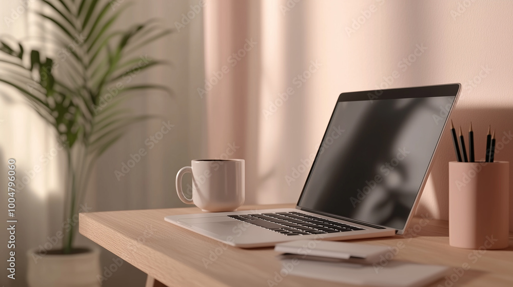 3D Render of Cozy Home Office Setup with Laptop and Coffee Mug on Wooden Desk, generative ai 3D Render of Cozy Home Office Setup with Laptop and Coffee Mug on Wooden Desk, generative ai
