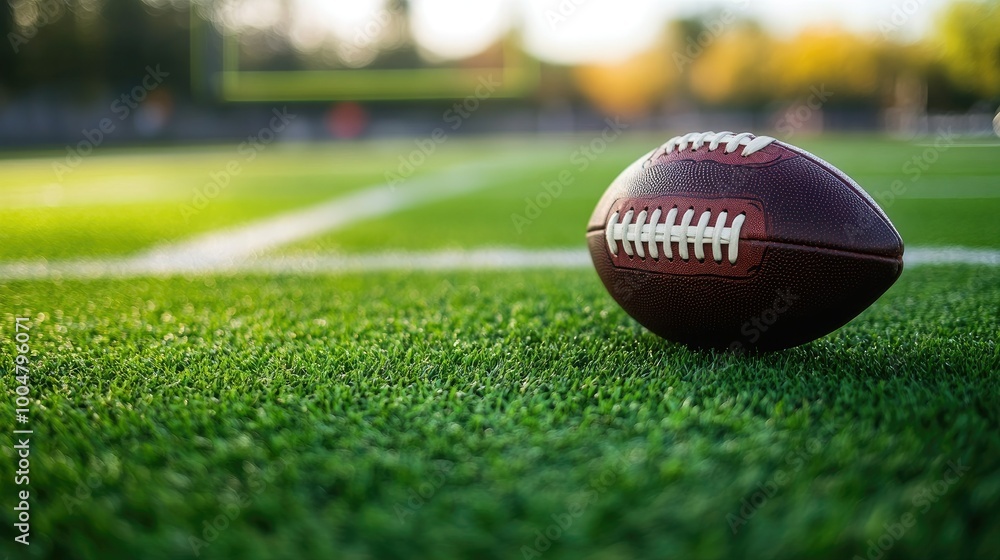 Close-up of a football resting on the 20-yard line, no people, with a clean background for copy Close-up of a football resting on the 20-yard line, no people, with a clean background for copy