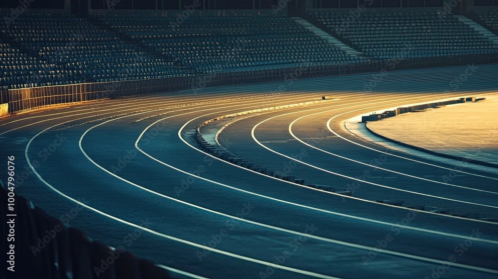 Fototapeta premium Close-up of an empty track curve in a stadium, no athletes, soft lighting with room for text