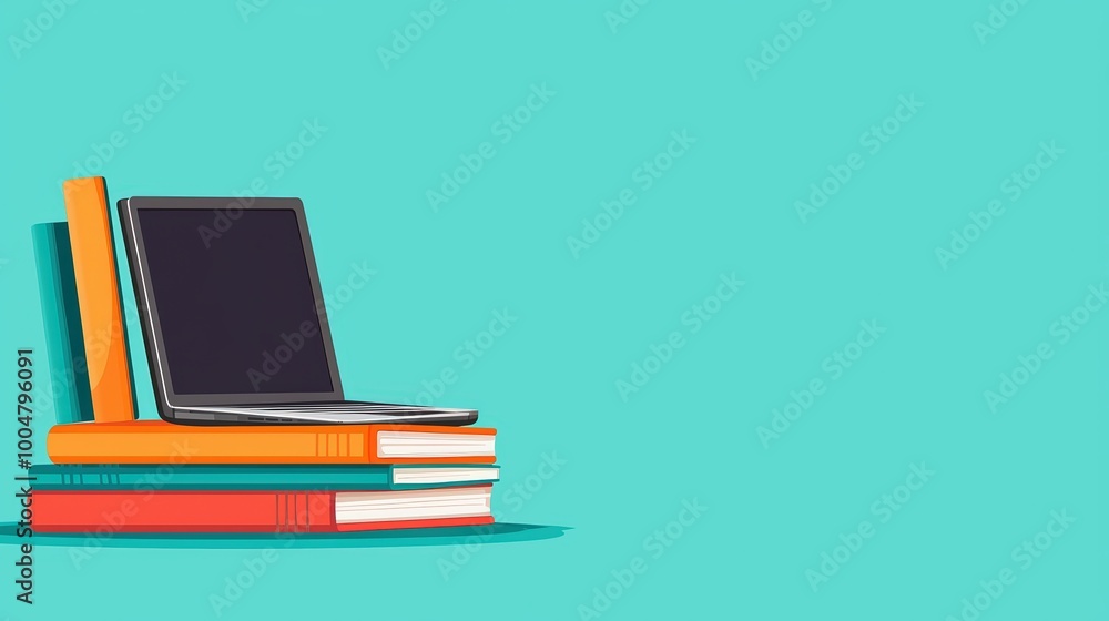 Cartoon flat design of laptop and notebook, online education content, clean background, perspective shot Cartoon flat design of laptop and notebook, online education content, clean background, perspective shot