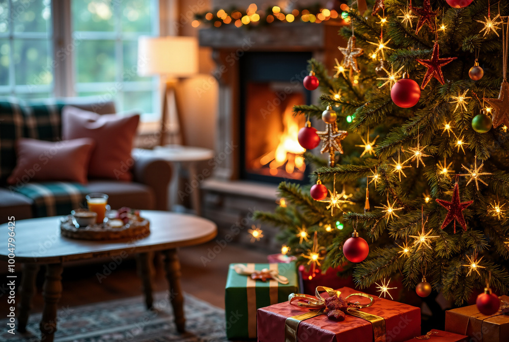 Festive Christmas Tree in Cozy Living Room: Perfect for Holiday Marketing and Seasonal Promotions Festive Christmas Tree in Cozy Living Room: Perfect for Holiday Marketing and Seasonal Promotions