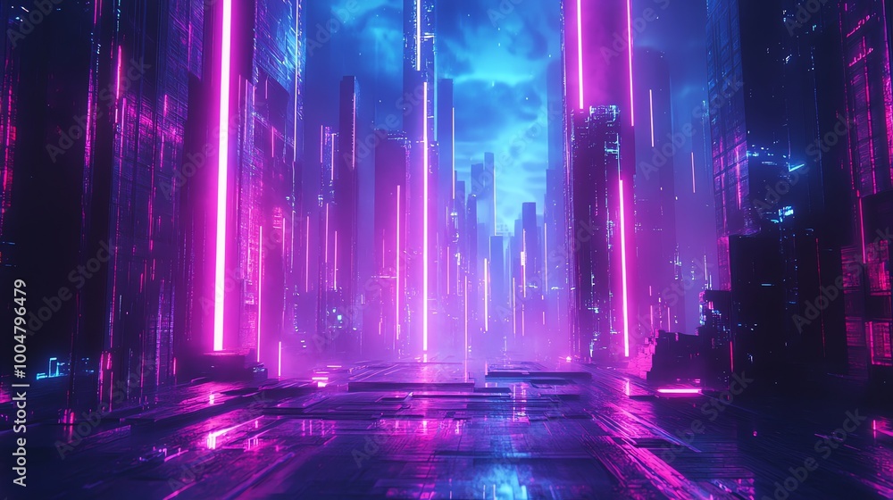 Futuristic cityscape with glowing neon lights and skyscrapers. Futuristic cityscape with glowing neon lights and skyscrapers.